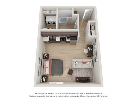 A 3D floor plan of a small apartment with a kitchen, living room, and bedroom.